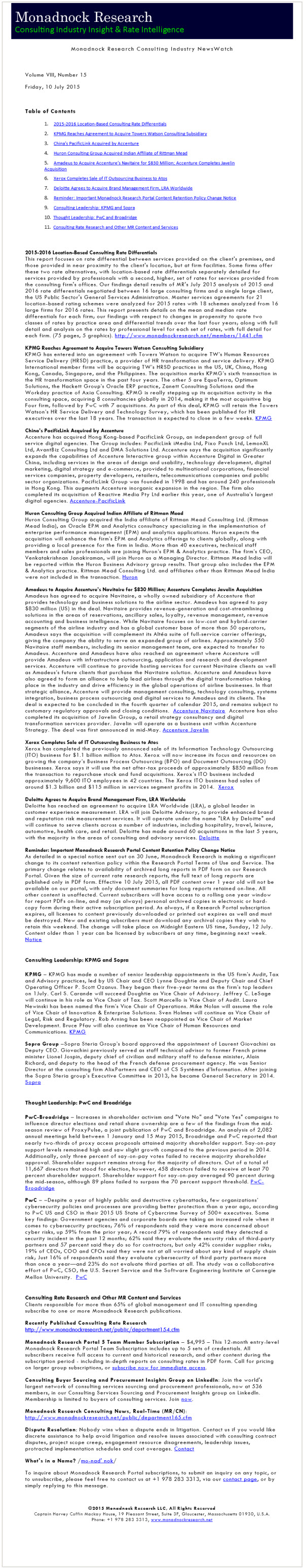 Consulting Industry NewsWatch&##x3a; Vol. VIII, No. 15